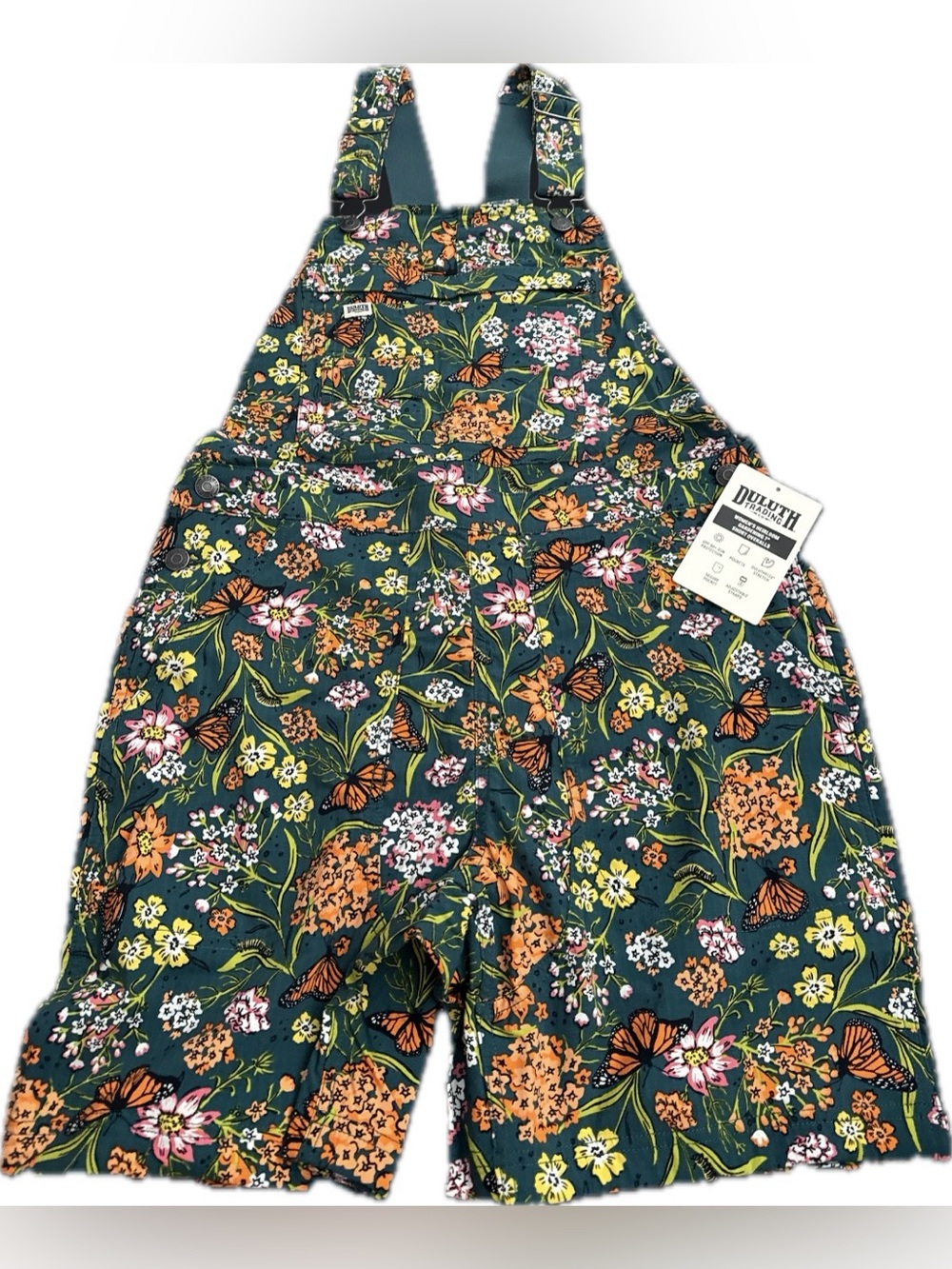 NWT Duluth Floral ButterflyHeirloom Gardening Short Overalls Women’s S Green